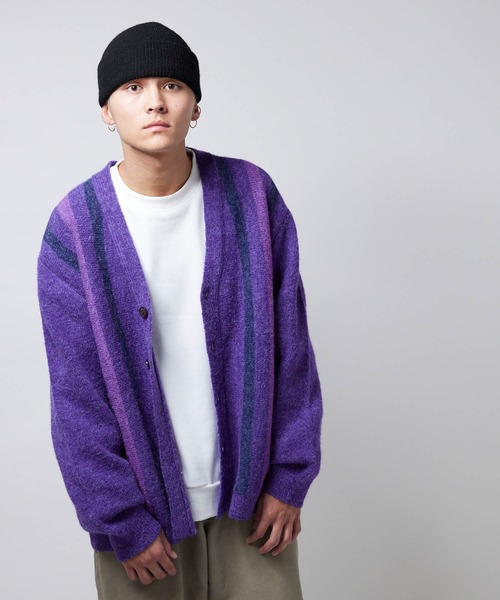 NYUDROP（ニュードロップ）の「【NYUDROP】SHAGGY KNIT STRIPE CARDIGAN / シャギーニット ストライプカーディガン（カーディガン/ボレロ・メンズ・ブラック/ダークグリーン/イエロー/パープル・M/L/XL）」の18枚目の写真
