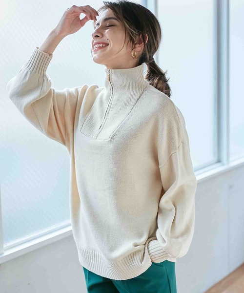 Days（デイズ）の「【Oeillet】ハーフジップゆるニットプルオーバー（ウイエ）（ニット/セーター・レディース・モカ/ブルー/グリーン/オフホワイト・M/LL/L）」の9枚目の写真