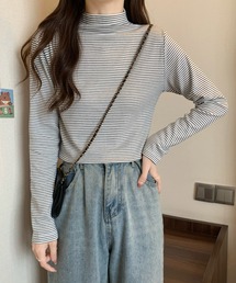 ※【 7color 】ハイネック起毛カラーボーダーカットソー
