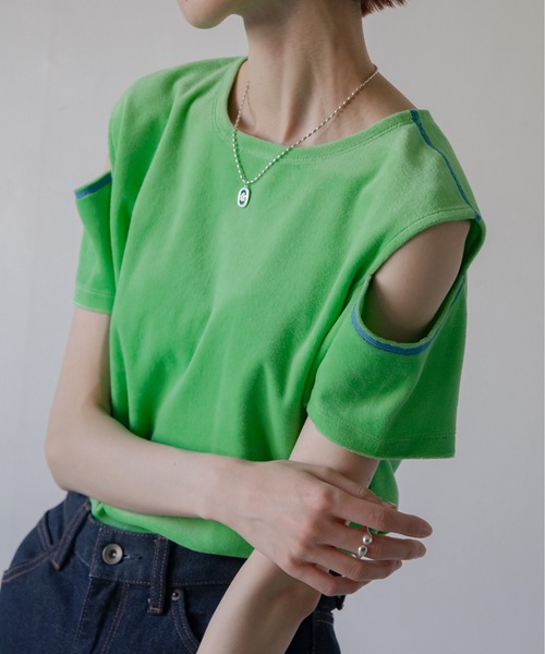 VACANCY(ヴァカンシー)の「配色カットオフパイルトップス(Tシャツ/カットソー・レディース・グリーン/ライトグレー/イエロー・FREE)」の1枚目の写真