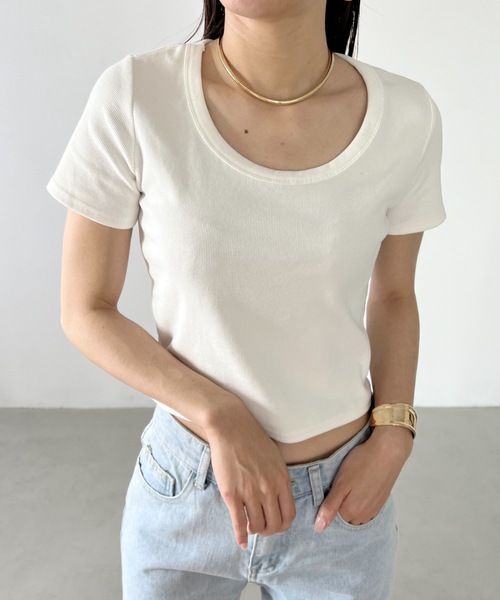 セール】ワイドネック コンパクト リブTシャツ（Tシャツ