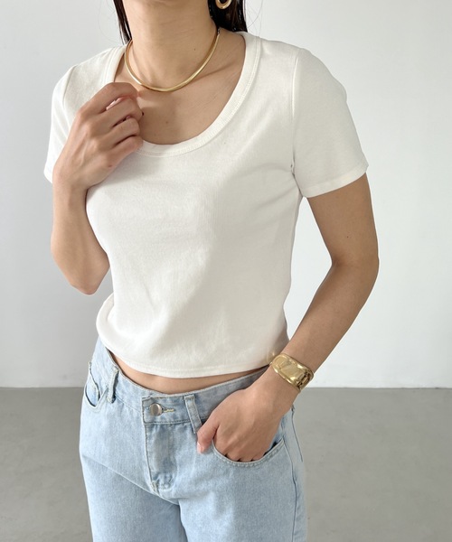 MYMOOD.(マイムード)の「ワイドネック コンパクト リブTシャツ(Tシャツ/カットソー・レディース・ホワイト/ブラック/サックスブルー/ピンク/アイボリー/チャコールグレー・FREE)」の17枚目の写真