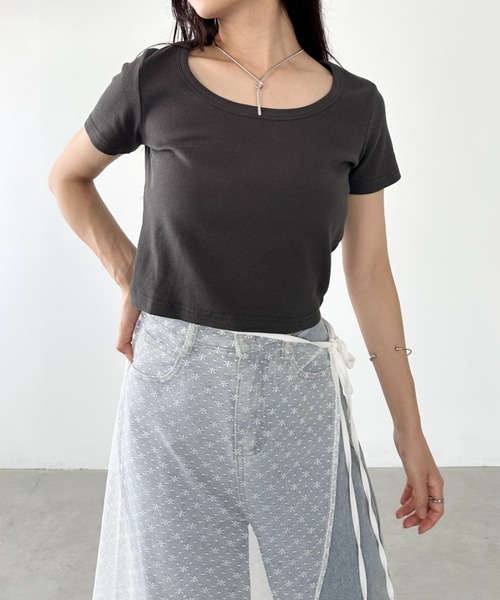 セール】ワイドネック コンパクト リブTシャツ（Tシャツ