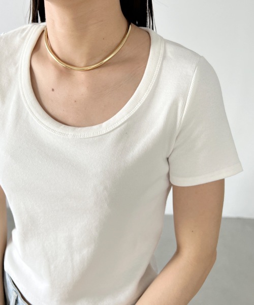 MYMOOD.(マイムード)の「ワイドネック コンパクト リブTシャツ(Tシャツ/カットソー・レディース・ホワイト/ブラック/サックスブルー/ピンク/アイボリー/チャコールグレー・FREE)」の20枚目の写真