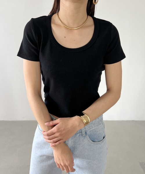 MYMOOD.(マイムード)の「ワイドネック コンパクト リブTシャツ(Tシャツ/カットソー・レディース・ホワイト/ブラック/サックスブルー/ピンク/アイボリー/チャコールグレー・FREE)」の19枚目の写真