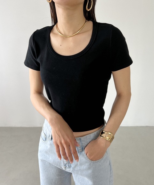 MYMOOD.(マイムード)の「ワイドネック コンパクト リブTシャツ(Tシャツ/カットソー・レディース・ホワイト/ブラック/サックスブルー/ピンク/アイボリー/チャコールグレー・FREE)」の12枚目の写真