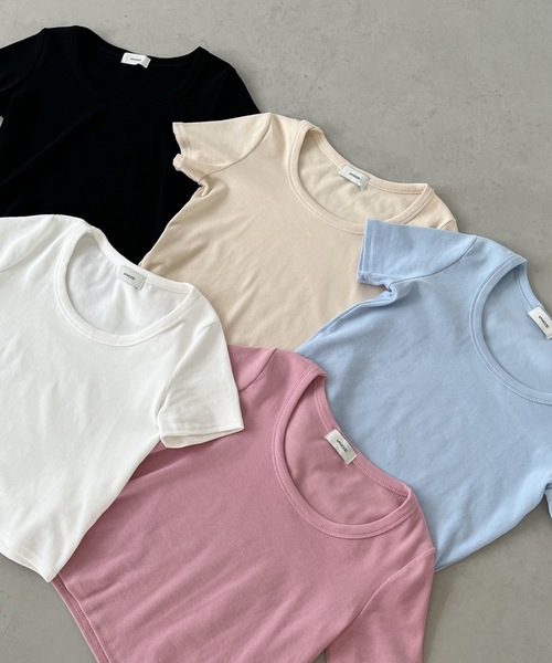 クルーネック コンパクトTシャツ セール】ワイドネック コンパクト リブTシャツ（Tシャツ