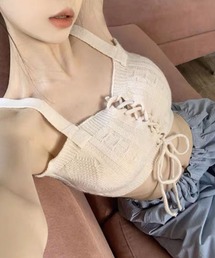 ﾌﾛﾝﾄ編み上げﾆｯﾄﾋﾞｽﾁｪ