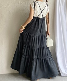She's Closet（シーズクローゼット）の「バッククロスストライプジャガードボリュームフレアロングティアードキャミワンピース（ワンピース）」