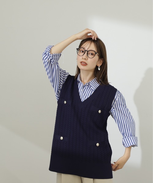 N.（N. Natural Beauty Basic）（エヌエヌナチュラルビューティーベーシック）の「◆ゴールドボタンケーブルジレ（ニット/セーター・レディース・ネイビー/グレー・MEDIUM）」の13枚目の写真