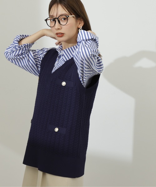 N.（N. Natural Beauty Basic）（エヌエヌナチュラルビューティーベーシック）の「◆ゴールドボタンケーブルジレ（ニット/セーター・レディース・ネイビー/グレー・MEDIUM）」の6枚目の写真