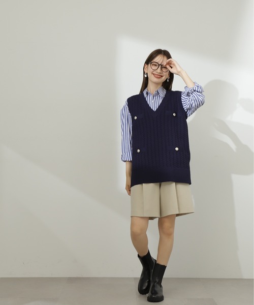 N.（N. Natural Beauty Basic）（エヌエヌナチュラルビューティーベーシック）の「◆ゴールドボタンケーブルジレ（ニット/セーター・レディース・ネイビー/グレー・MEDIUM）」の14枚目の写真