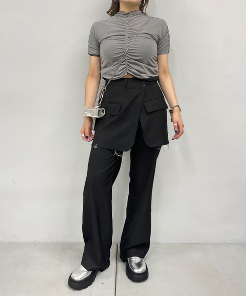 Six M（シックスエム）の「【SixM/シックスエム】ギャザー2WAYトップス（Tシャツ/カットソー・レディース・ブラック/ブルー・FREE）」の3枚目の写真