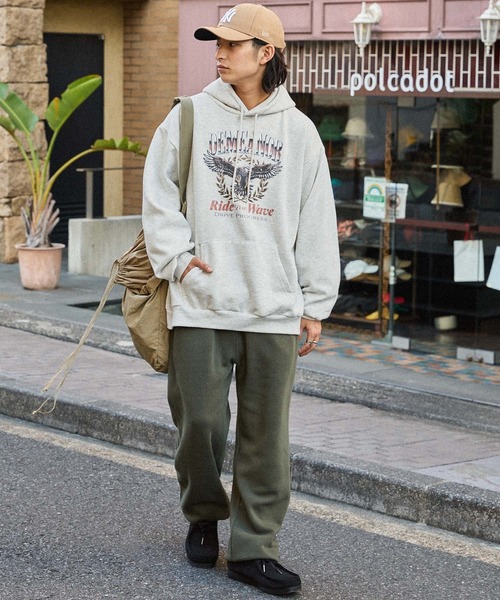 PERSTEP正規品★24AW★Rustic ピグメント裏起毛パーカー ヴィンテージライクピグメントロックプリント ビッグシルエット