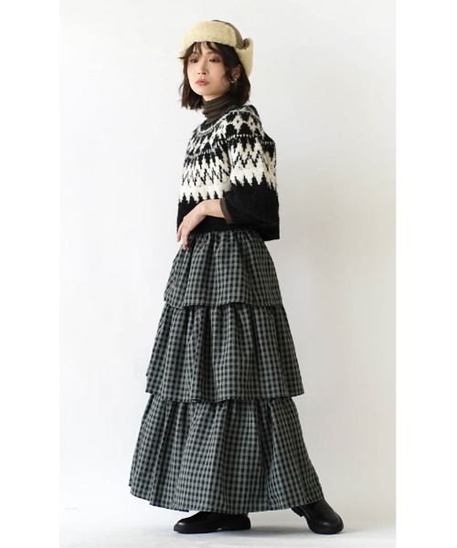 e-zakkamania stores（イーザッカマニアストアーズ）の「ギンガムチェック ティアードロングスカート（スカート・レディース・ピンクベージュ/ミント・M）」の3枚目の写真