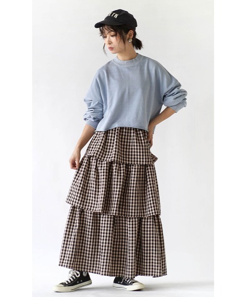 e-zakkamania stores（イーザッカマニアストアーズ）の「ギンガムチェック ティアードロングスカート（スカート・レディース・ピンクベージュ/ミント・M）」の5枚目の写真