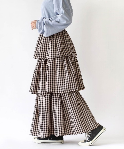 e-zakkamania stores（イーザッカマニアストアーズ）の「ギンガムチェック ティアードロングスカート（スカート・レディース・ピンクベージュ/ミント・M）」の7枚目の写真