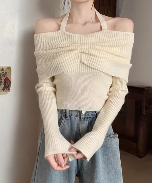 gossip!ロサンゼルス(ゴシップロサンゼルス)の「ホルターネック オフショルダー ニットセーター(ニット/セーター・レディース・ブラック/グレー/アイボリー・FREE)」の2枚目の写真