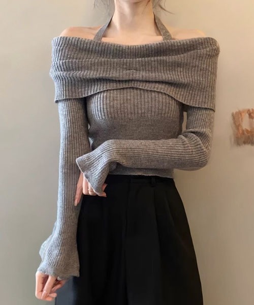 gossip!ロサンゼルス(ゴシップロサンゼルス)の「ホルターネック オフショルダー ニットセーター(ニット/セーター・レディース・ブラック/グレー/アイボリー・FREE)」の7枚目の写真