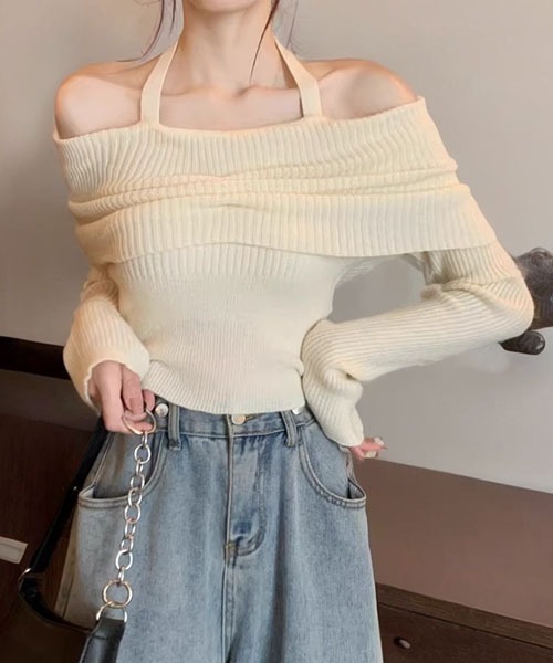 gossip!ロサンゼルス(ゴシップロサンゼルス)の「ホルターネック オフショルダー ニットセーター(ニット/セーター・レディース・ブラック/グレー/アイボリー・FREE)」の12枚目の写真