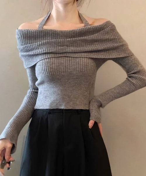 gossip!ロサンゼルス(ゴシップロサンゼルス)の「ホルターネック オフショルダー ニットセーター(ニット/セーター・レディース・ブラック/グレー/アイボリー・FREE)」の5枚目の写真