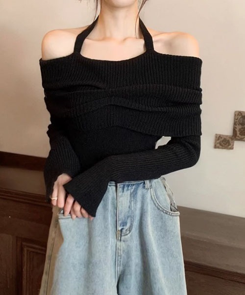 gossip!ロサンゼルス(ゴシップロサンゼルス)の「ホルターネック オフショルダー ニットセーター(ニット/セーター・レディース・ブラック/グレー/アイボリー・FREE)」の14枚目の写真