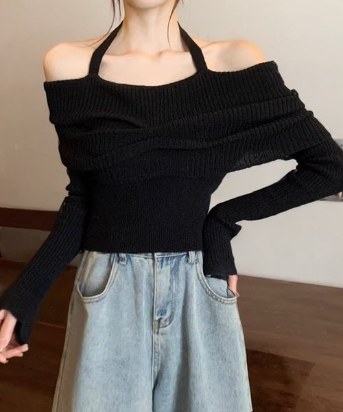 gossip!ロサンゼルス(ゴシップロサンゼルス)の「ホルターネック オフショルダー ニットセーター(ニット/セーター・レディース・ブラック/グレー/アイボリー・FREE)」の16枚目の写真