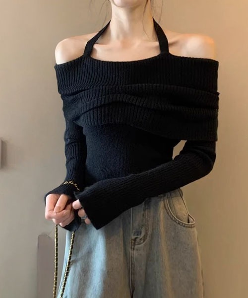 gossip!ロサンゼルス(ゴシップロサンゼルス)の「ホルターネック オフショルダー ニットセーター(ニット/セーター・レディース・ブラック/グレー/アイボリー・FREE)」の17枚目の写真