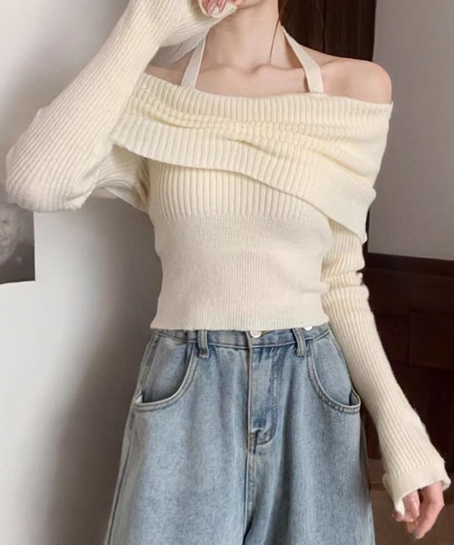 gossip!ロサンゼルス(ゴシップロサンゼルス)の「ホルターネック オフショルダー ニットセーター(ニット/セーター・レディース・ブラック/グレー/アイボリー・FREE)」の13枚目の写真