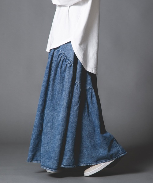 JEANS MATE(ジーンズメイト)の「【BOUNDARY/バウンダリー】 デニムギャザースカート(スカート・レディース・ケミカルウォッシュ/ブラック/スカイブルー・MEDIUM/LARGE)」の7枚目の写真