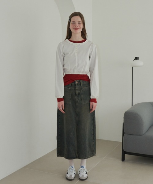 GIUNON（ジウノン）の「back stitch sheer tops / バックステッチシアートップス（Tシャツ/カットソー・レディース・レッド/ブルー/アイボリー・FREE）」の7枚目の写真