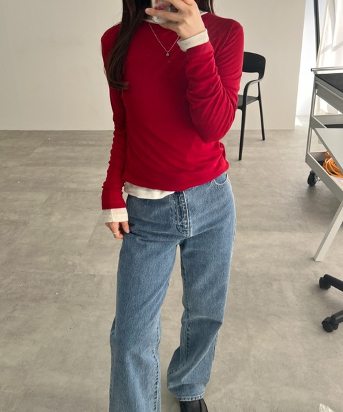 GIUNON（ジウノン）の「back stitch sheer tops / バックステッチシアートップス（Tシャツ/カットソー・レディース・レッド/ブルー/アイボリー・FREE）」の5枚目の写真