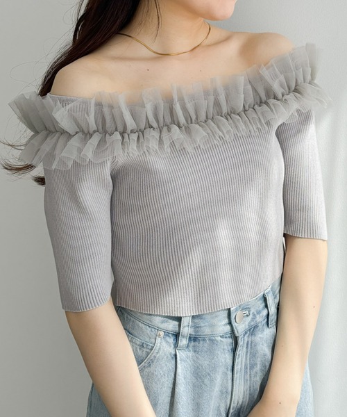 hachページ Heather（ヘザー）の「チュールオフショルニット（半袖） 118632