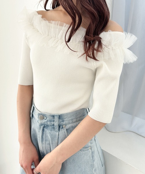 しぴ♡ Heather（ヘザー）の「チュールオフショルニット（半袖） 118632