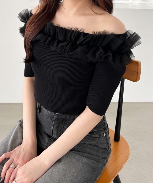 しぴ♡ Heather（ヘザー）の「チュールオフショルニット（半袖） 118632