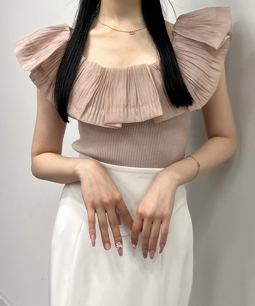 EIMY ISTOIRE（エイミーイストワール）の「プリーツシアードッキングニットトップス（ニット/セーター・レディース・ブラック/ホワイト/ブラック×ホワイト/ピンク・FREE）」の4枚目の写真