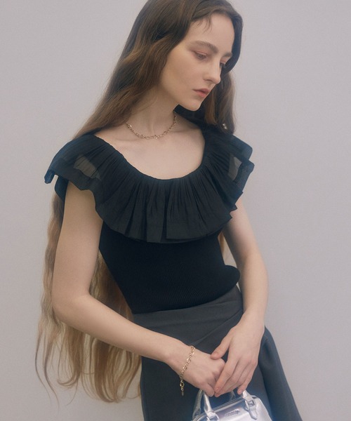 EIMY ISTOIRE（エイミーイストワール）の「プリーツシアードッキングニットトップス（ニット/セーター・レディース・ブラック/ホワイト/ブラック×ホワイト/ピンク・FREE）」の13枚目の写真