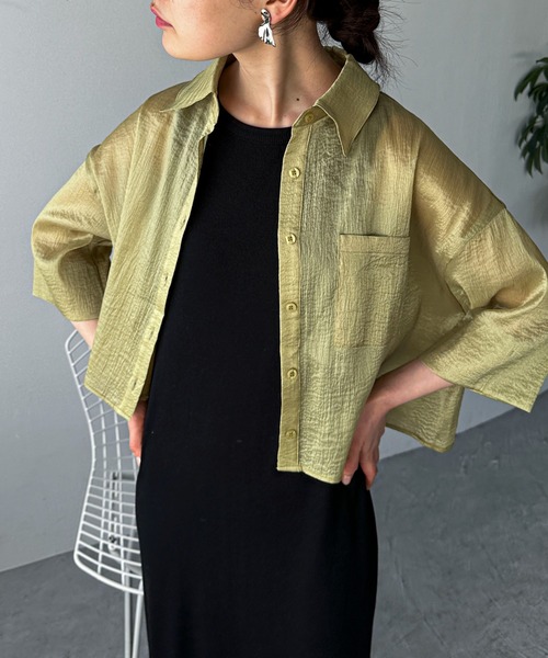 feepur（フェピュール）の「ボックスショートシアーシャツ（シャツ/ブラウス・レディース・ブラック/グリーン/アイボリー・MEDIUM）」の3枚目の写真