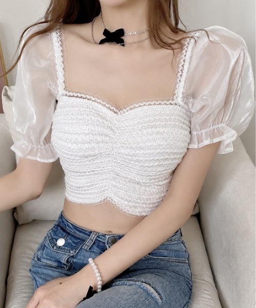 .KOM(ドットコム)の「A'GEM/9 × .kom 『.KOM/ドットケーオーエム』 リボンフレンチ トップス(その他トップス・レディース・ホワイト/ブラック・L/M)」の1枚目の写真