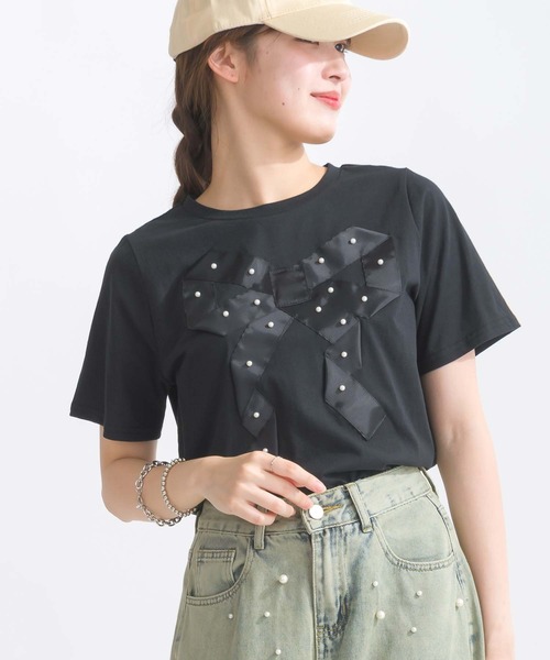 PICCIN（ピッチン）の「【WEB限定】フロントリボンコットンTシャツ（Tシャツ/カットソー・レディース・オフホワイト/ブラック・M/L）」の2枚目の写真