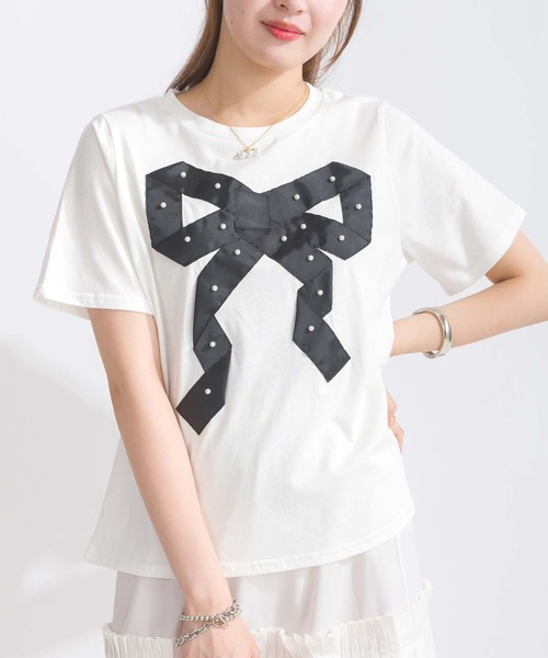 PICCIN（ピッチン）の「【WEB限定】フロントリボンコットンTシャツ（Tシャツ/カットソー・レディース・オフホワイト/ブラック・M/L）」の6枚目の写真