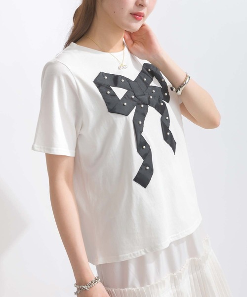 PICCIN（ピッチン）の「【WEB限定】フロントリボンコットンTシャツ（Tシャツ/カットソー・レディース・オフホワイト/ブラック・M/L）」の7枚目の写真