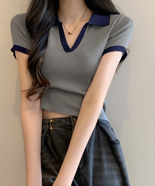 Miniministore(ミニミニストア)の「サマーニット夏Vネック半袖ニットトップス(ニット/セーター・レディース・ブラック/ホワイト/レンガ/グレー・FREE)」の1枚目の写真