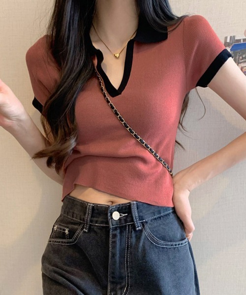 Miniministore(ミニミニストア)の「サマーニット夏Vネック半袖ニットトップス(ニット/セーター・レディース・ブラック/ホワイト/レンガ/グレー・FREE)」の4枚目の写真