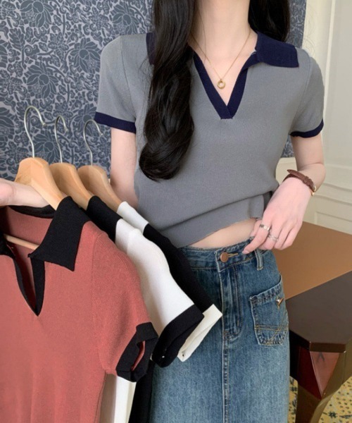 Miniministore(ミニミニストア)の「サマーニット夏Vネック半袖ニットトップス(ニット/セーター・レディース・ブラック/ホワイト/レンガ/グレー・FREE)」の5枚目の写真