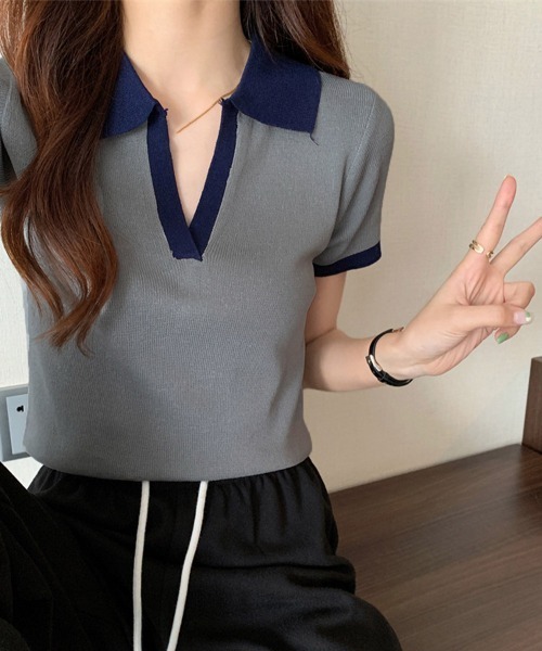 Miniministore(ミニミニストア)の「サマーニット夏Vネック半袖ニットトップス(ニット/セーター・レディース・ブラック/ホワイト/レンガ/グレー・FREE)」の6枚目の写真