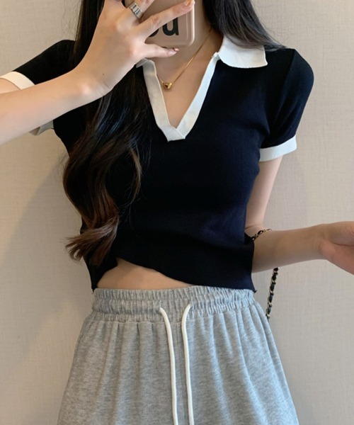 Miniministore(ミニミニストア)の「サマーニット夏Vネック半袖ニットトップス(ニット/セーター・レディース・ブラック/ホワイト/レンガ/グレー・FREE)」の8枚目の写真