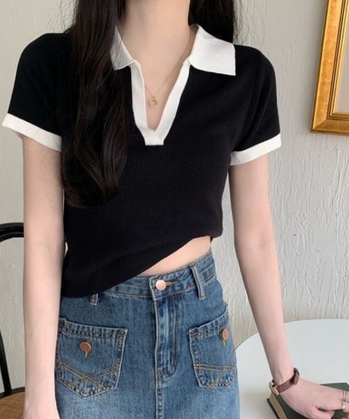 Miniministore(ミニミニストア)の「サマーニット夏Vネック半袖ニットトップス(ニット/セーター・レディース・ブラック/ホワイト/レンガ/グレー・FREE)」の9枚目の写真