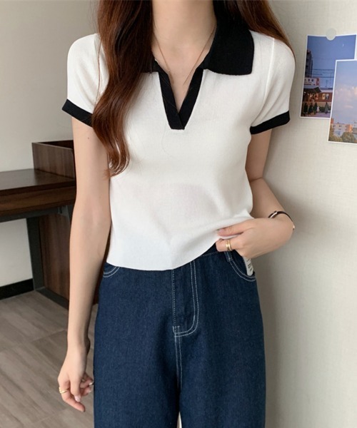 Miniministore(ミニミニストア)の「サマーニット夏Vネック半袖ニットトップス(ニット/セーター・レディース・ブラック/ホワイト/レンガ/グレー・FREE)」の11枚目の写真