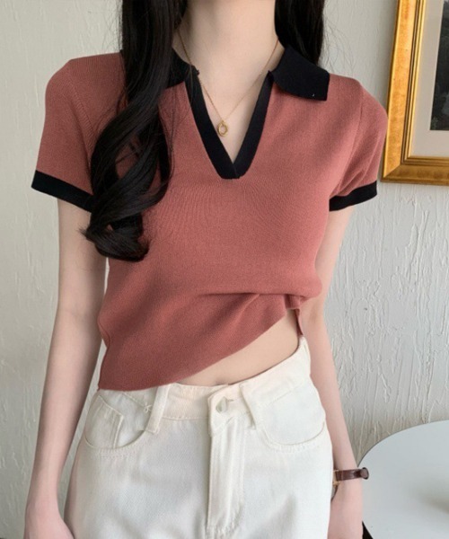 Miniministore(ミニミニストア)の「サマーニット夏Vネック半袖ニットトップス(ニット/セーター・レディース・ブラック/ホワイト/レンガ/グレー・FREE)」の13枚目の写真
